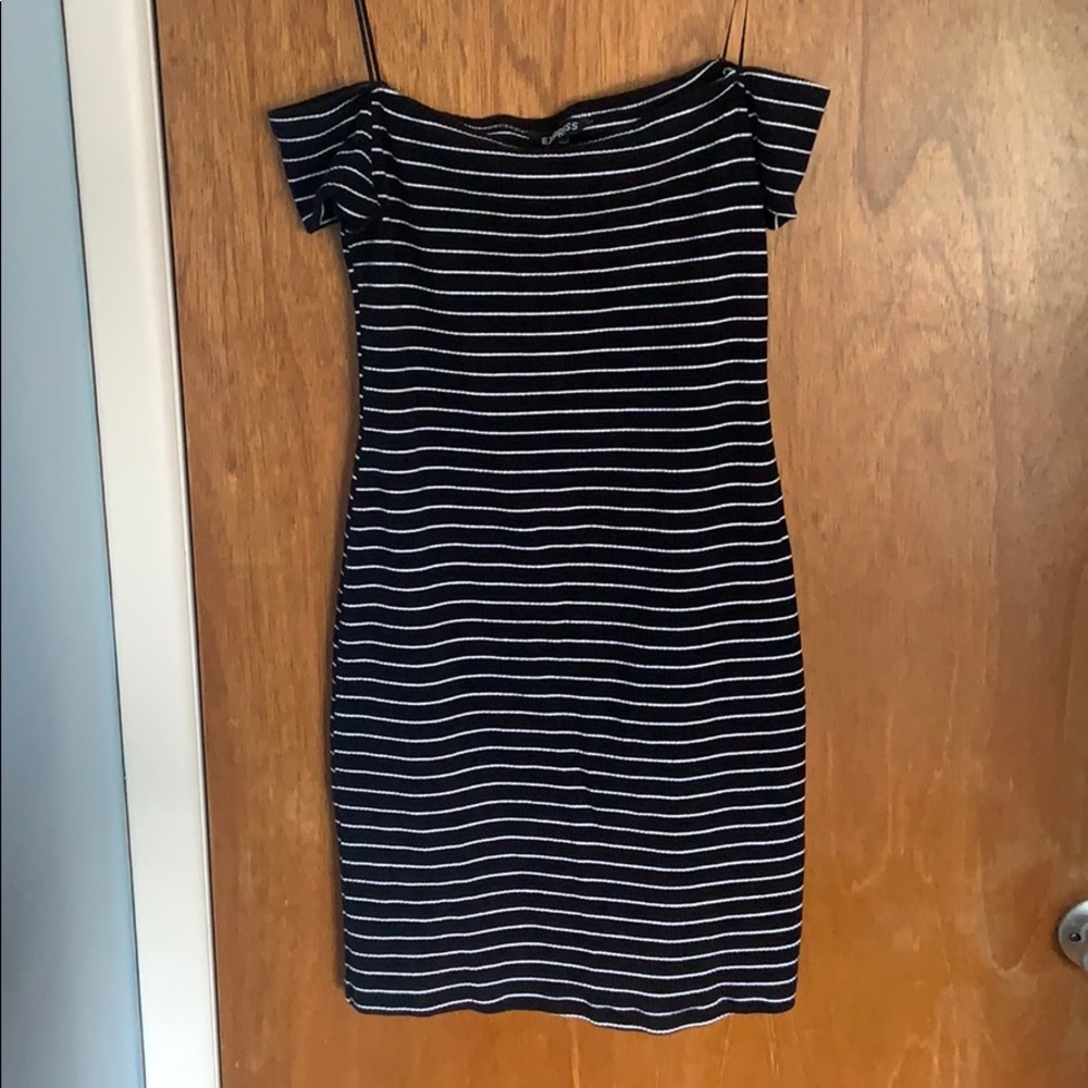 Off the shoulder black and white striped dress